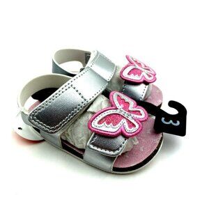Baby Sandal Shoes Size 3 Girls Silver Butterfly Adjustable Strap Footwear